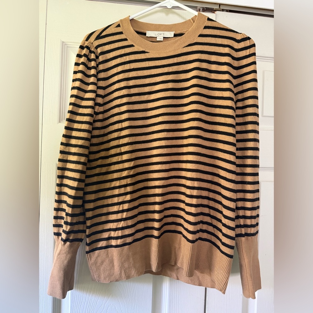 LOFT Striped Crewneck Sweater in Camel and Black